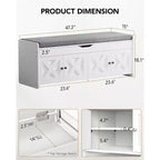 Banc de rangement pour chaussures, banc d'entrée de 120 cm de long avec siège rembourré relevable, 4 portes, capacité de 136 kg, banc avec étagère à chaussures pour entrée
