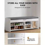 Banc de rangement pour chaussures, banc d'entrée de 120 cm de long avec siège rembourré relevable, 4 portes, capacité de 136 kg, banc avec étagère à chaussures pour entrée