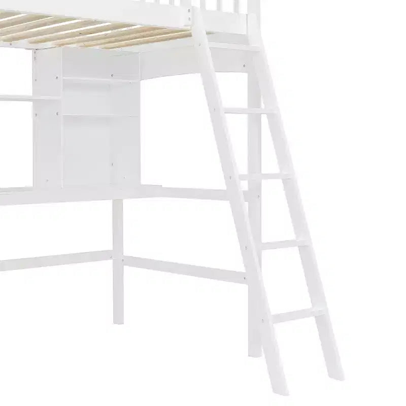 Lit mezzanine double moderne avec bureau, étagères de rangement et échelle réglable