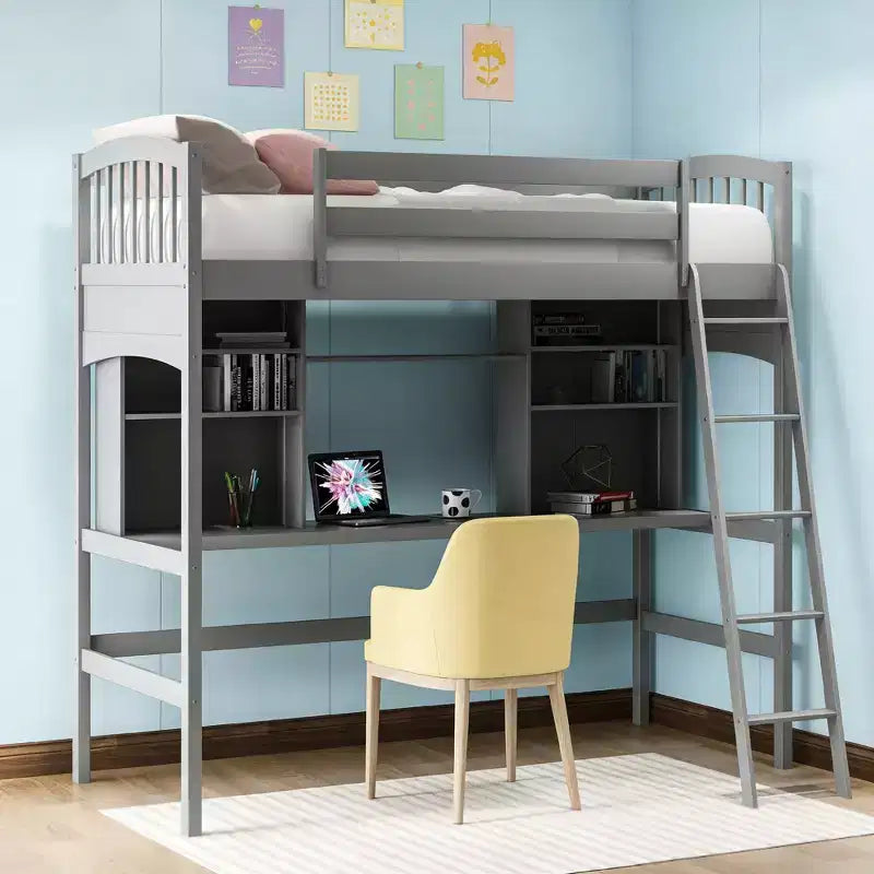 Lit mezzanine double moderne avec bureau, étagères de rangement et échelle réglable