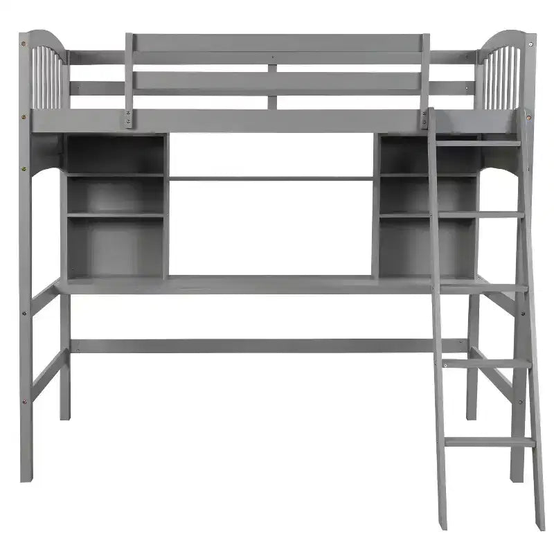 Lit mezzanine double moderne avec bureau, étagères de rangement et échelle réglable