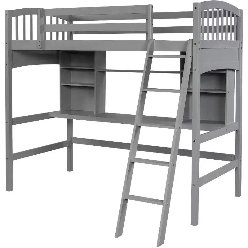 Lit mezzanine double moderne avec bureau, étagères de rangement et échelle réglable