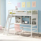 Lit mezzanine double moderne avec bureau, étagères de rangement et échelle réglable