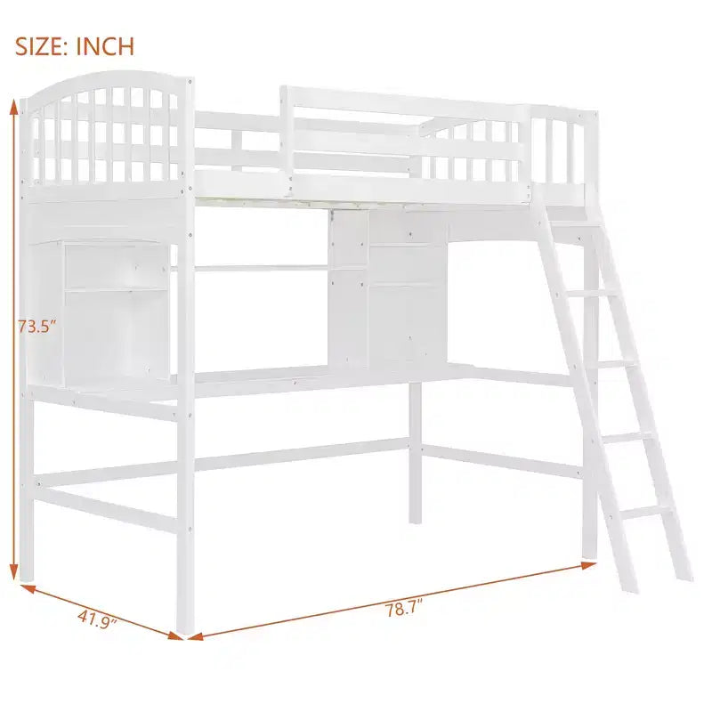 Lit mezzanine double moderne avec bureau, étagères de rangement et échelle réglable