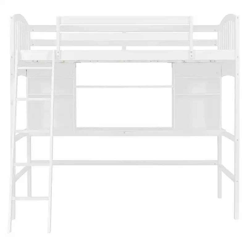 Lit mezzanine double moderne avec bureau, étagères de rangement et échelle réglable