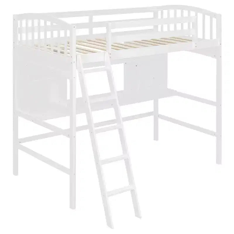 Lit mezzanine double moderne avec bureau, étagères de rangement et échelle réglable