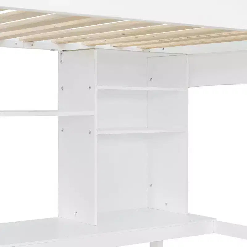 Lit mezzanine double moderne avec bureau, étagères de rangement et échelle réglable