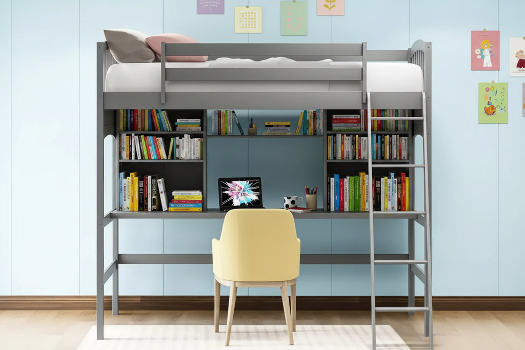 Luxystar Modern Twin Loft Bed with Desk, Storage Shelves and Adjustable Ladder