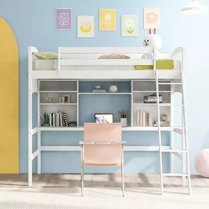 Lit mezzanine double moderne avec bureau, étagères de rangement et échelle réglable
