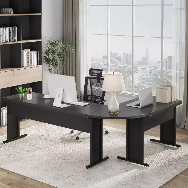 83-Inch Large L Shaped Desk, Reversible Executive Office Desk, Modern Corner Computer Table Business Workstation for Home Office, Black