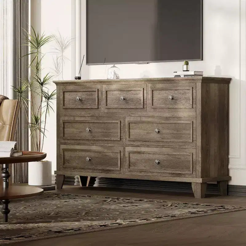 Commode moderne à 7 tiroirs pour chambre à coucher, commode large, rangement profond, plateau en bois résistant à l'eau, poignées en métal, plateau épaissi