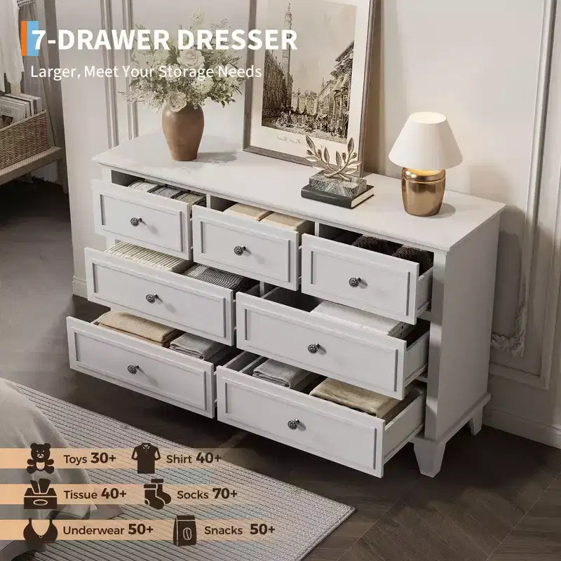 Commode moderne à 7 tiroirs pour chambre à coucher, commode large, rangement profond, plateau en bois résistant à l'eau, poignées en métal, plateau épaissi
