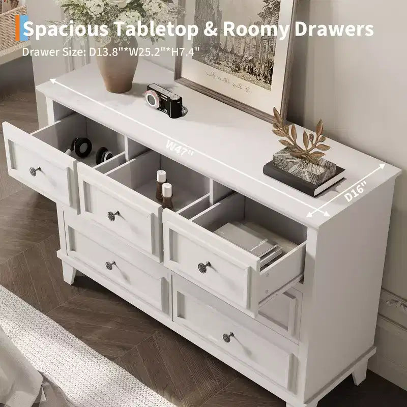 Commode moderne à 7 tiroirs pour chambre à coucher, commode large, rangement profond, plateau en bois résistant à l'eau, poignées en métal, plateau épaissi