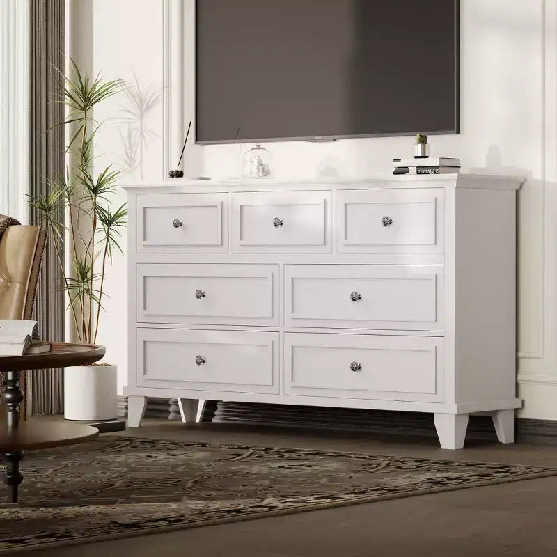 Commode moderne à 7 tiroirs pour chambre à coucher, commode large, rangement profond, plateau en bois résistant à l'eau, poignées en métal, plateau épaissi
