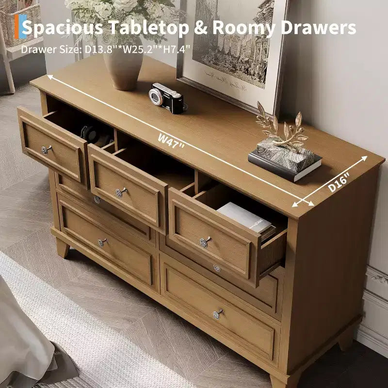 Commode moderne à 7 tiroirs pour chambre à coucher, commode large, rangement profond, plateau en bois résistant à l'eau, poignées en métal, plateau épaissi