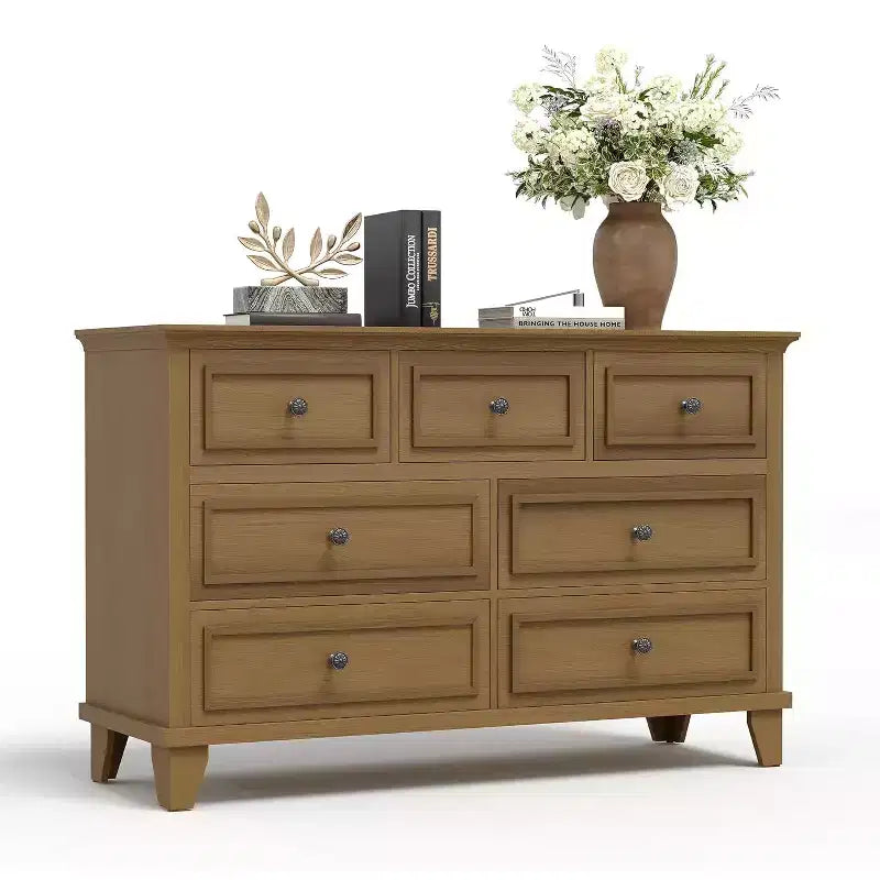 Commode moderne à 7 tiroirs pour chambre à coucher, commode large, rangement profond, plateau en bois résistant à l'eau, poignées en métal, plateau épaissi