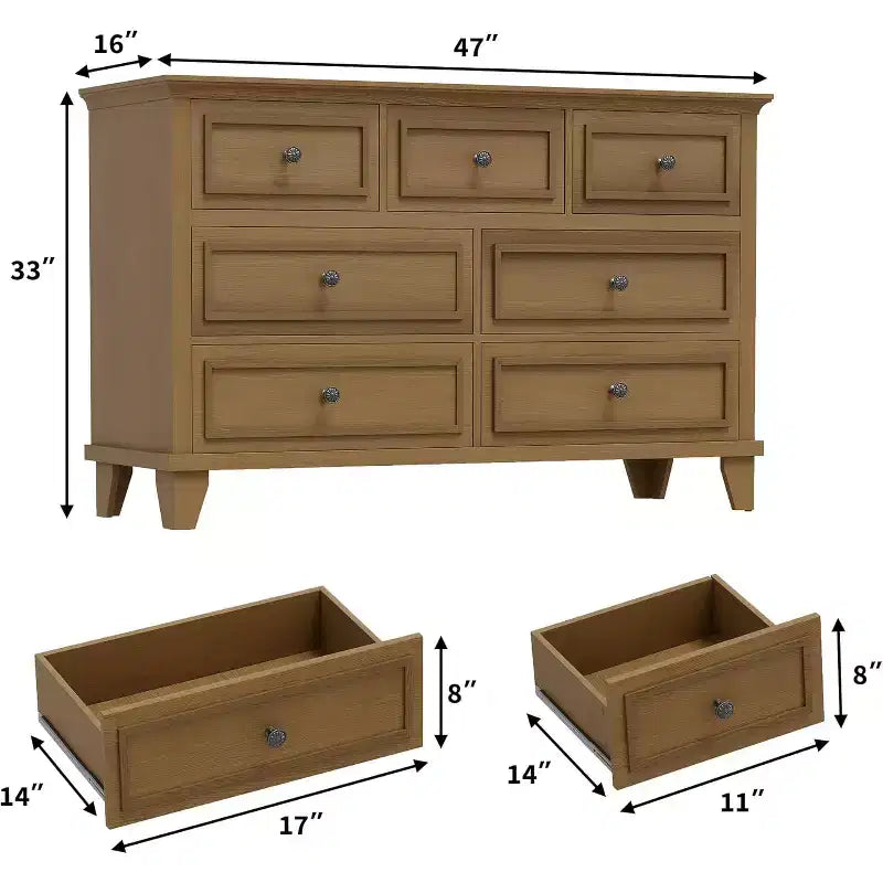 Commode moderne à 7 tiroirs pour chambre à coucher, commode large, rangement profond, plateau en bois résistant à l'eau, poignées en métal, plateau épaissi