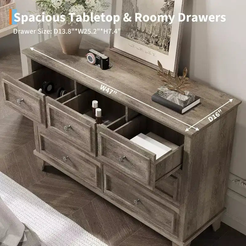 Commode moderne à 7 tiroirs pour chambre à coucher, commode large, rangement profond, plateau en bois résistant à l'eau, poignées en métal, plateau épaissi