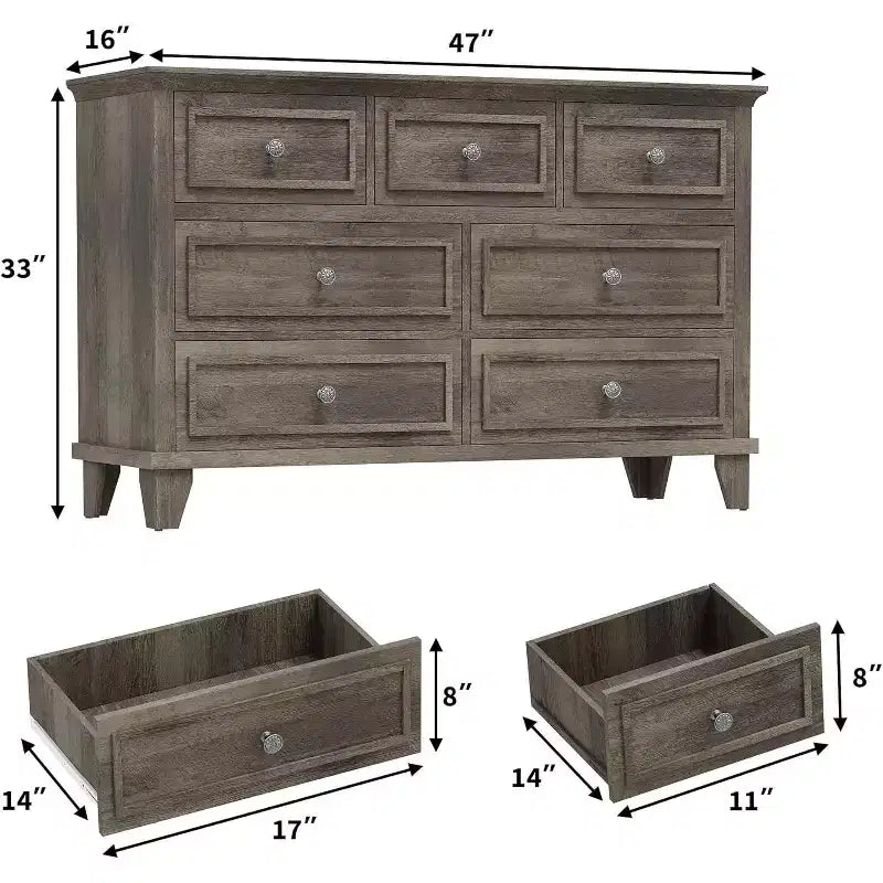 Commode moderne à 7 tiroirs pour chambre à coucher, commode large, rangement profond, plateau en bois résistant à l'eau, poignées en métal, plateau épaissi