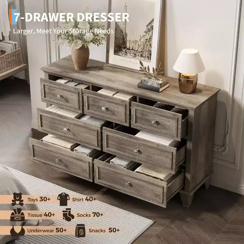 Commode moderne à 7 tiroirs pour chambre à coucher, commode large, rangement profond, plateau en bois résistant à l'eau, poignées en métal, plateau épaissi