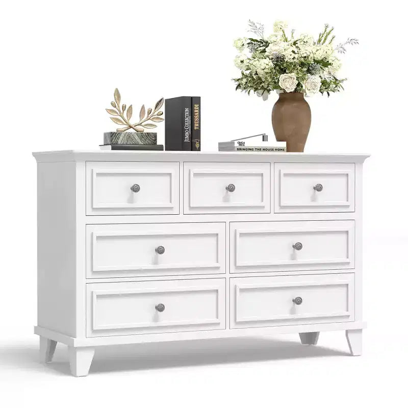 Commode moderne à 7 tiroirs pour chambre à coucher, commode large, rangement profond, plateau en bois résistant à l'eau, poignées en métal, plateau épaissi