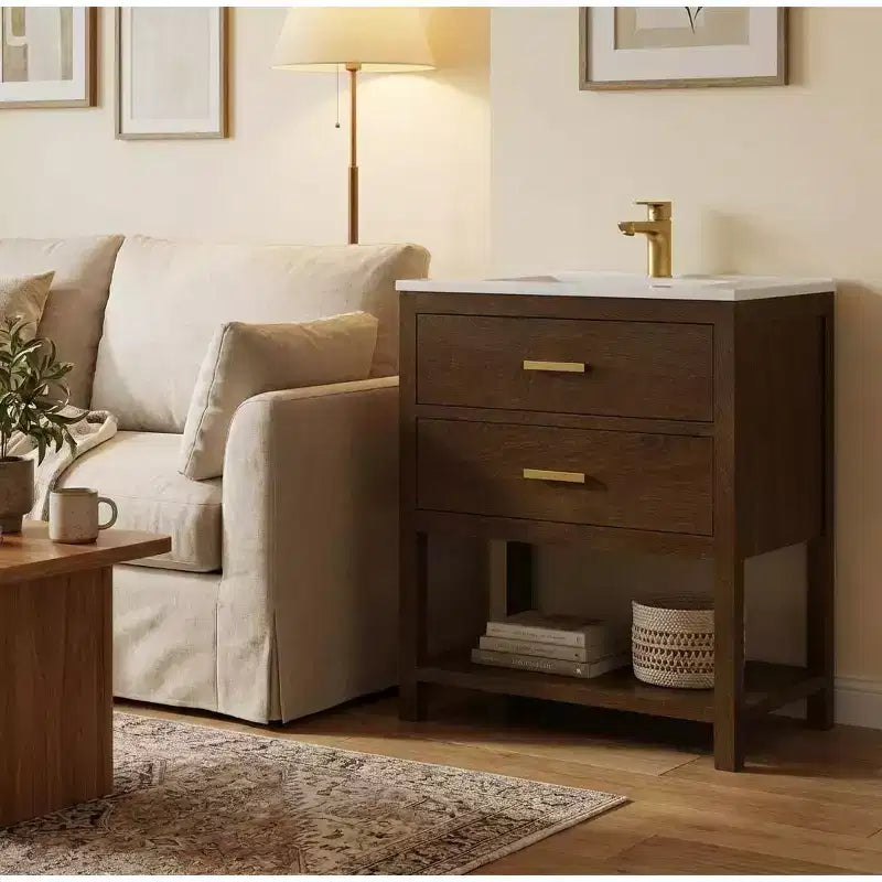 30 Inch Bathroom Vanity with Sink, Farmhouse Storage Cabinet with Drawers & Open Storage Shelf, Easy Assembly, Adjustable Feet, Walnut