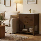 Meuble-lavabo de salle de bain de 30 pouces avec lavabo, meuble de rangement de style ferme avec tiroirs et étagère ouverte, assemblage facile, pieds réglables, noyer