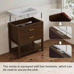 Meuble-lavabo de salle de bain de 30 pouces avec lavabo, meuble de rangement de style ferme avec tiroirs et étagère ouverte, assemblage facile, pieds réglables, noyer