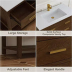 Meuble-lavabo de salle de bain de 30 pouces avec lavabo, meuble de rangement de style ferme avec tiroirs et étagère ouverte, assemblage facile, pieds réglables, noyer