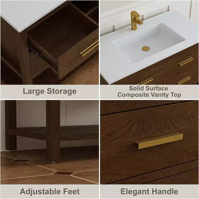 30 Inch Bathroom Vanity with Sink, Farmhouse Storage Cabinet with Drawers & Open Storage Shelf, Easy Assembly, Adjustable Feet, Walnut