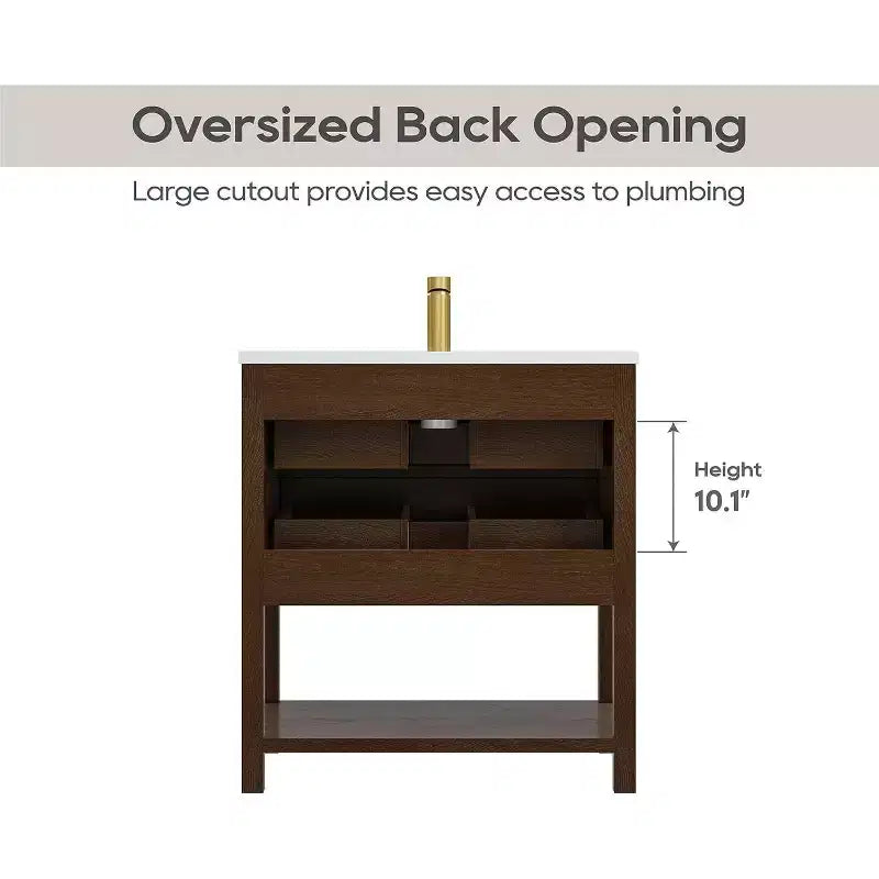30 Inch Bathroom Vanity with Sink, Farmhouse Storage Cabinet with Drawers & Open Storage Shelf, Easy Assembly, Adjustable Feet, Walnut