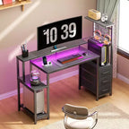 Bureau Gaming 122 cm avec Tiroirs de Rangement en Tissu et Support d'Écran, Bureau d'Ordinateur Réversible, Table de Jeu, Noir Carbone pour Bureau à Domicile, Chambre à Coucher, Installation PC