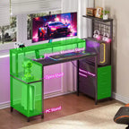 Bureau Gaming 122 cm avec Tiroirs de Rangement en Tissu et Support d'Écran, Bureau d'Ordinateur Réversible, Table de Jeu, Noir Carbone pour Bureau à Domicile, Chambre à Coucher, Installation PC