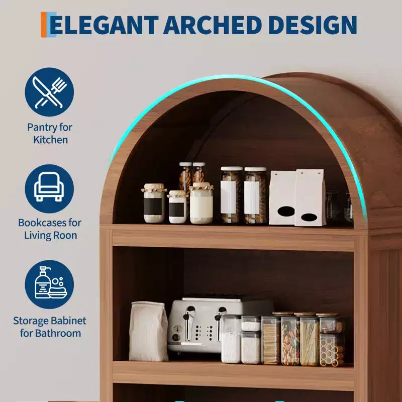 Meuble de rangement haut cintré de 180 cm, bibliothèque cintrée à 5 niveaux avec portes, meuble cintré en bois avec étagère réglable pour salle à manger et salon