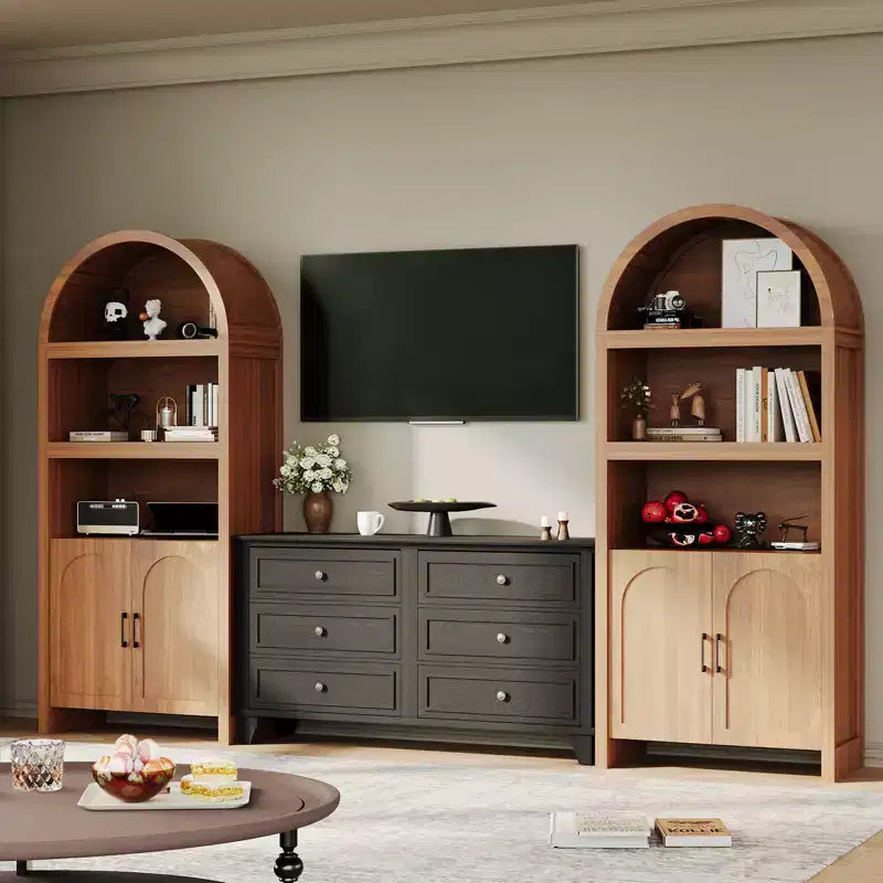 Meuble de rangement haut cintré de 180 cm, bibliothèque cintrée à 5 niveaux avec portes, meuble cintré en bois avec étagère réglable pour salle à manger et salon