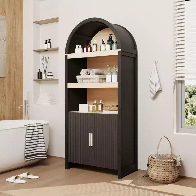 Meuble de rangement haut cintré de 180 cm, bibliothèque cintrée à 5 niveaux avec portes, meuble cintré en bois avec étagère réglable pour salle à manger et salon