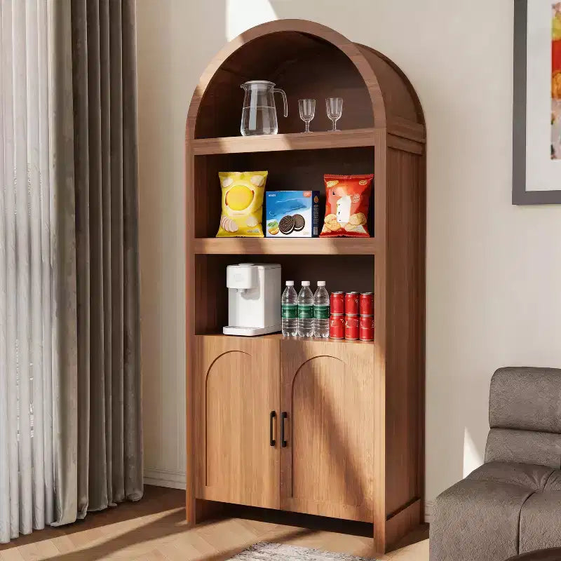 71" Tall Arched Pantry Cabinet, 5-Tier Arched Bookcase with Doors, Wooden Arched Cabinet with Adjustable Shelf for Dining Living Room