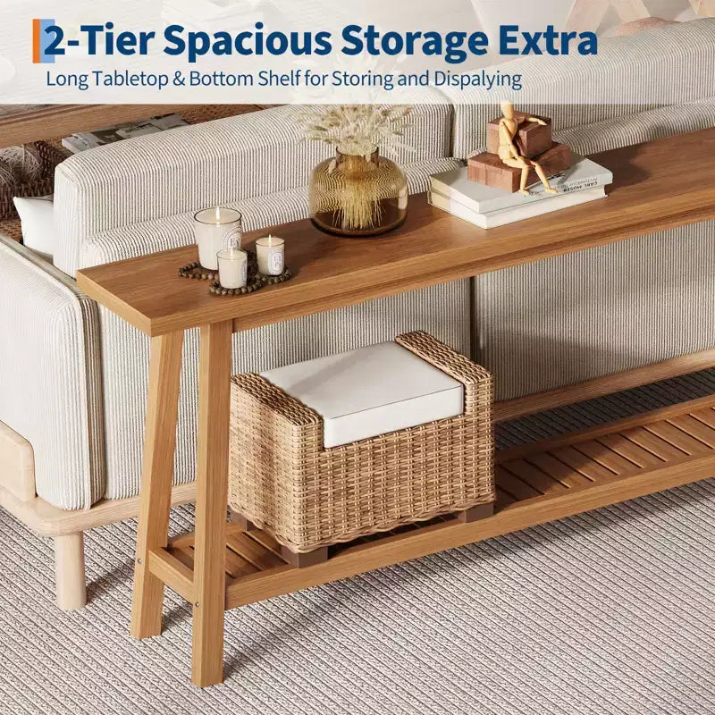70.9'' Extra Long Console Table, 2-Tier Entryway Sofa Table, Wood Farmhouse Accent with Slim Storage Shelf for Hallway, Living Room, Foyer