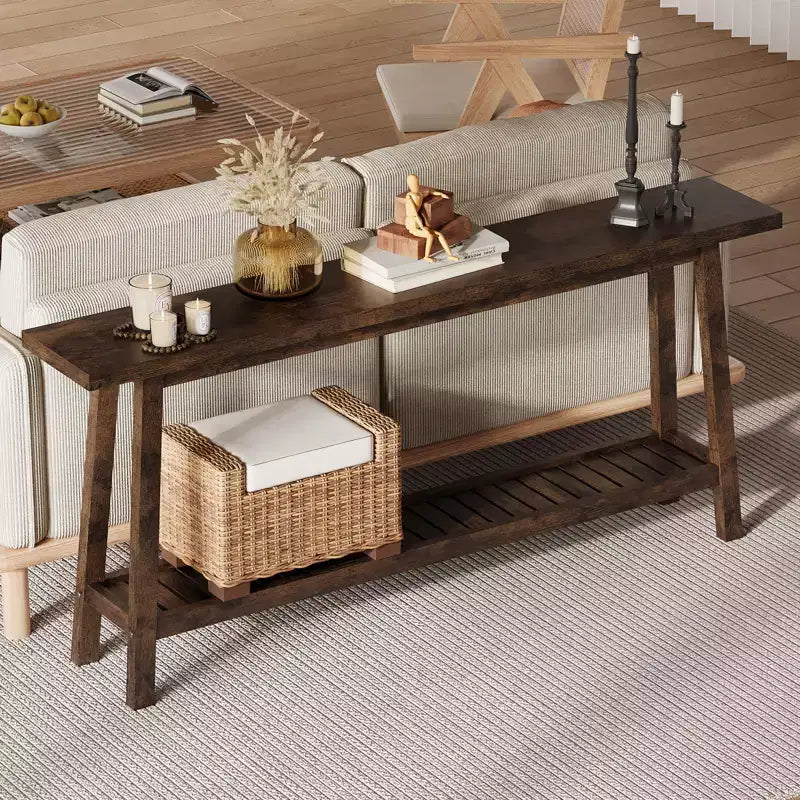 70.9'' Extra Long Console Table, 2-Tier Entryway Sofa Table, Wood Farmhouse Accent with Slim Storage Shelf for Hallway, Living Room, Foyer