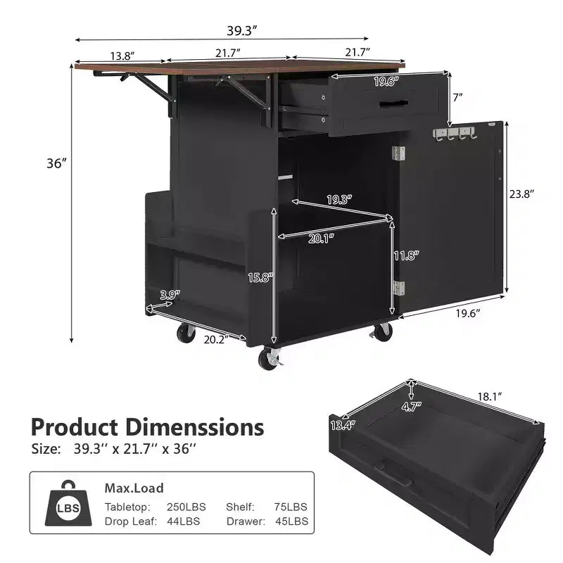 39.3 Farmhouse Kitchen Storage Island Cart with Drop Leaf, Towel Rack, 1 Drawer