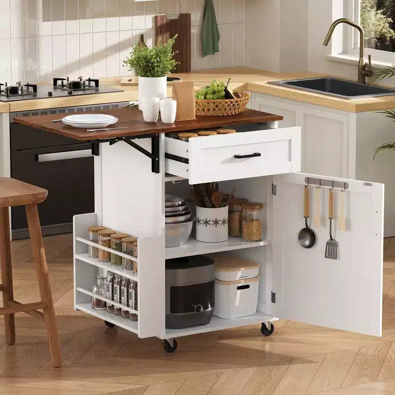 39.3 Farmhouse Kitchen Storage Island Cart with Drop Leaf, Towel Rack, 1 Drawer
