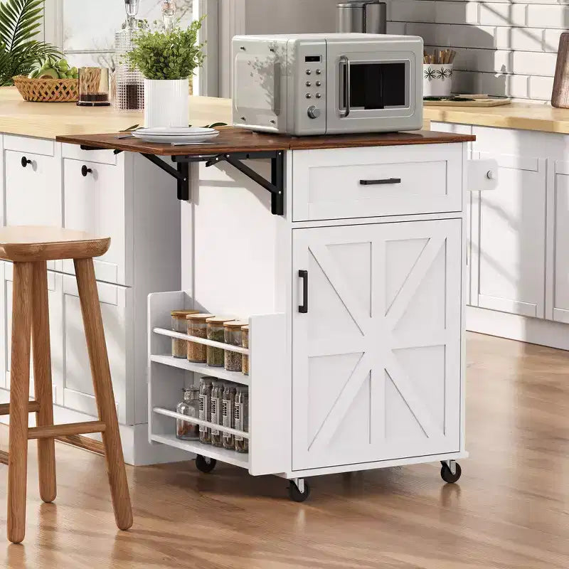 39.3 Farmhouse Kitchen Storage Island Cart with Drop Leaf, Towel Rack, 1 Drawer