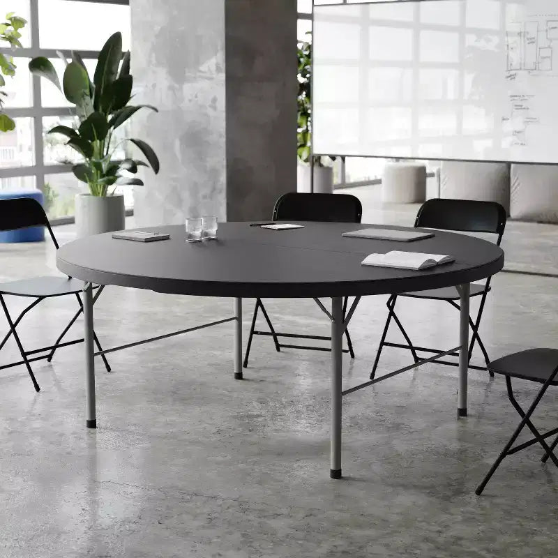 5.89-Foot Round Bi-Fold Plastic Banquet and Event Folding Table with Carrying Handle