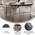 Table pliante ronde en plastique de 1,80 m, pliage central, avec poignée de transport, pour banquets et événements