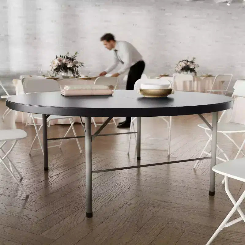 5.89-Foot Round Bi-Fold Plastic Banquet and Event Folding Table with Carrying Handle