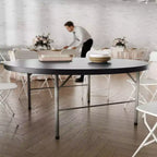 Table pliante ronde en plastique de 1,80 m, pliage central, avec poignée de transport, pour banquets et événements