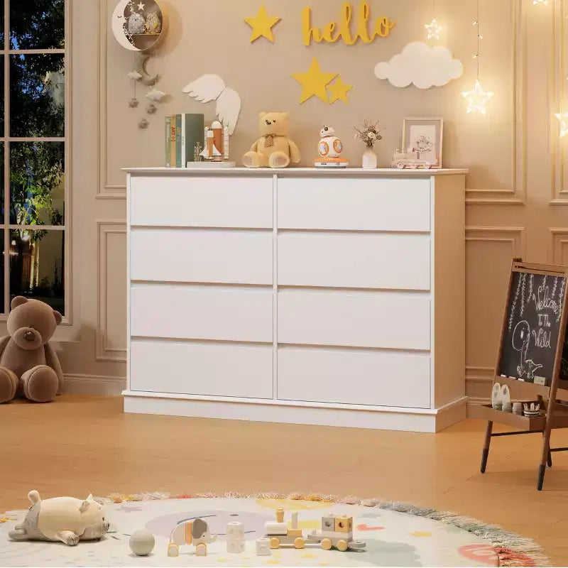 Grande commode double à 8 tiroirs avec tiroirs profonds et plateau large, Organisateur de rangement horizontal en bois pour le salon, le couloir, l'entrée et le bureau
