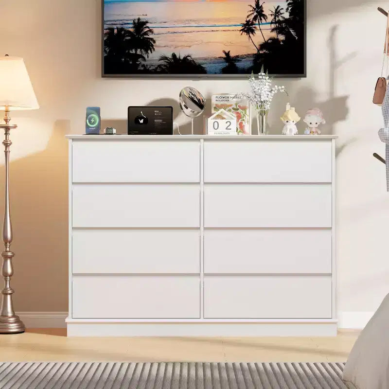 Grande commode double à 8 tiroirs avec tiroirs profonds et plateau large, Organisateur de rangement horizontal en bois pour le salon, le couloir, l'entrée et le bureau