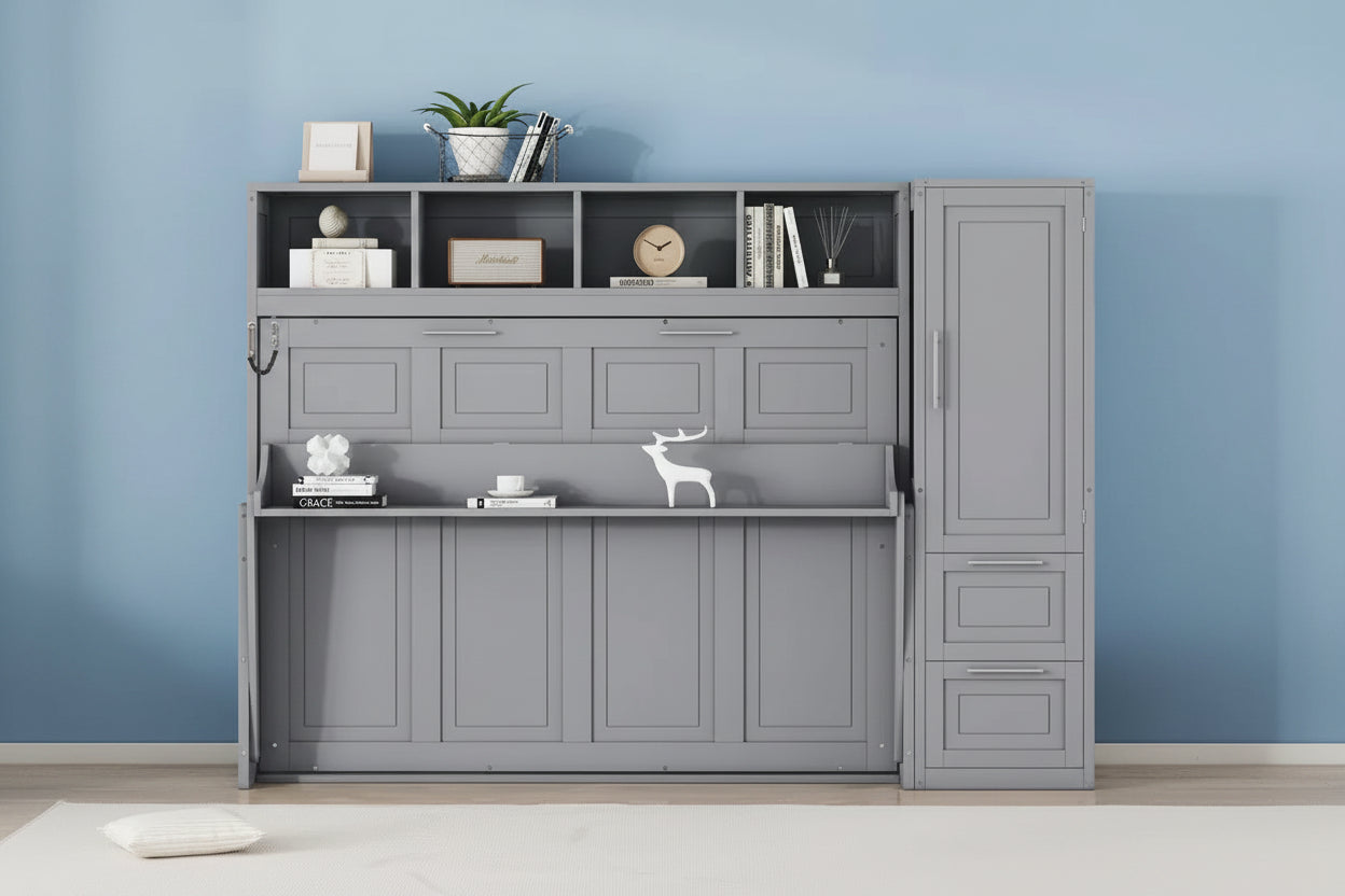 GDFStudio Evans Murphy Bed Wall Bed with Closet and Drawers, Queen Size