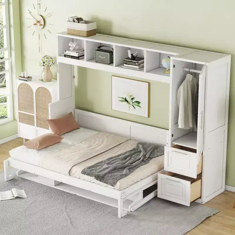 Evans Murphy Bed Wall Bed with Closet and Drawers, Queen Size